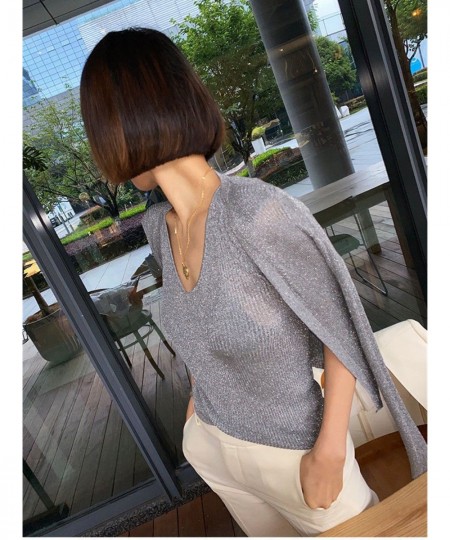 Korean Women Bright Silk Thin Sweater Coat Sexy V-Neck Knitwear Tops 2022 New Gold Silver Knitted Cardigan With Pearl Button ...