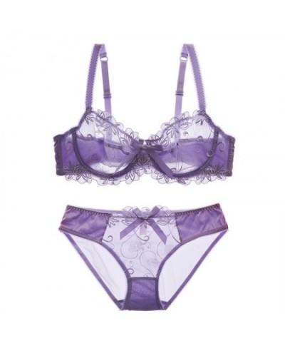 Ultra-thin embroidered transparent bra and panty set sexy lace plus size ladies C D E cup 95C 95D $28.97 - Underwear