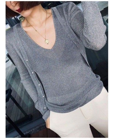 Korean Women Bright Silk Thin Sweater Coat Sexy V-Neck Knitwear Tops 2022 New Gold Silver Knitted Cardigan With Pearl Button ...