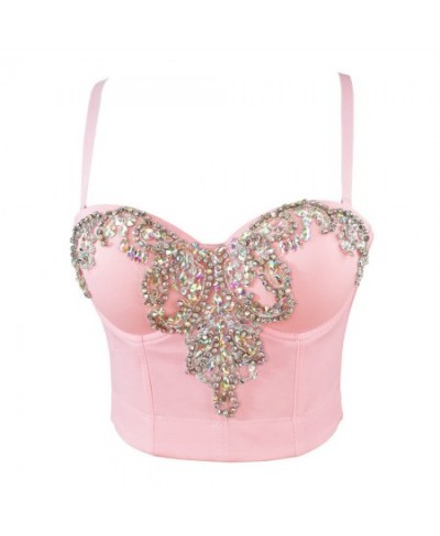 A940 Women's Fish Bone Top Beaded Rhinestone Sexy Sleeveless Pink Camisole Corset Crop Top Bustier Pour Femme $50.99 - Tops &...