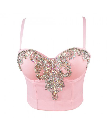 A940 Women's Fish Bone Top Beaded Rhinestone Sexy Sleeveless Pink Camisole Corset Crop Top Bustier Pour Femme $50.99 - Tops &...