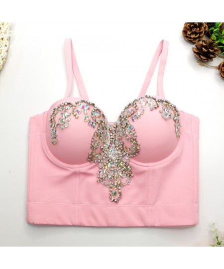 A940 Women's Fish Bone Top Beaded Rhinestone Sexy Sleeveless Pink Camisole Corset Crop Top Bustier Pour Femme $50.99 - Tops &...