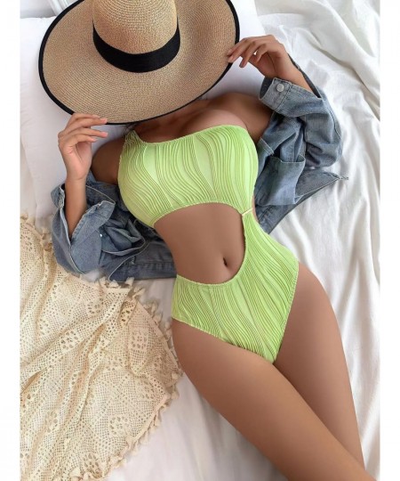 One Shoulder Swimsuit Sexy Women Green Cut Out Swimwear 2023 New Asymmetrical Textured Swim Bath Suit One Piece Summer Monoki...