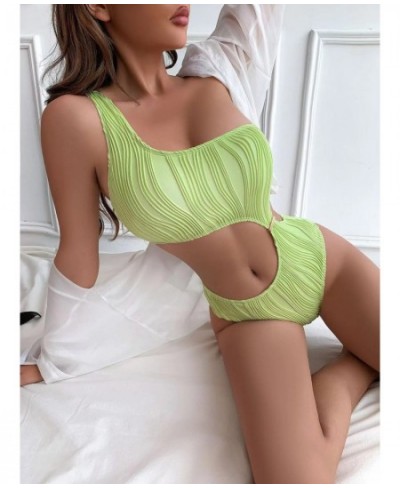 One Shoulder Swimsuit Sexy Women Green Cut Out Swimwear 2023 New Asymmetrical Textured Swim Bath Suit One Piece Summer Monoki...