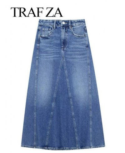 Women's Fashion Denim Skirt With Pockets High Waist Zipper Fly Slim Long Skirts Vintage Female Chic Blue Denim Skirt $60.46 -...