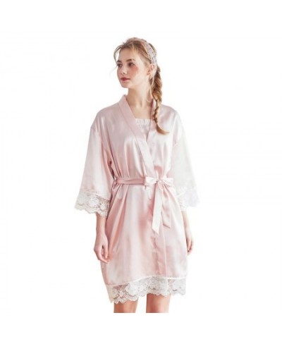 Women's Satin Kimono Robes with Lace Trim Short Bridesmaids Bridal Bathrobe Nightgown Sleepwear Wedding Party Robe $50.39 - S...