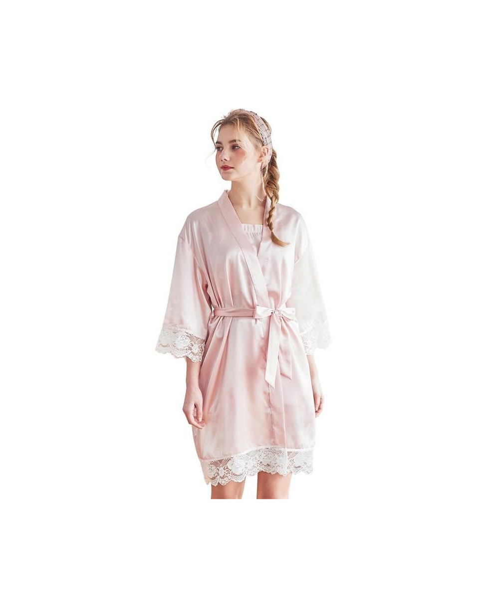 Women's Satin Kimono Robes with Lace Trim Short Bridesmaids Bridal Bathrobe Nightgown Sleepwear Wedding Party Robe $50.39 - S...