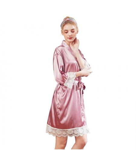 Women's Satin Kimono Robes with Lace Trim Short Bridesmaids Bridal Bathrobe Nightgown Sleepwear Wedding Party Robe $50.39 - S...