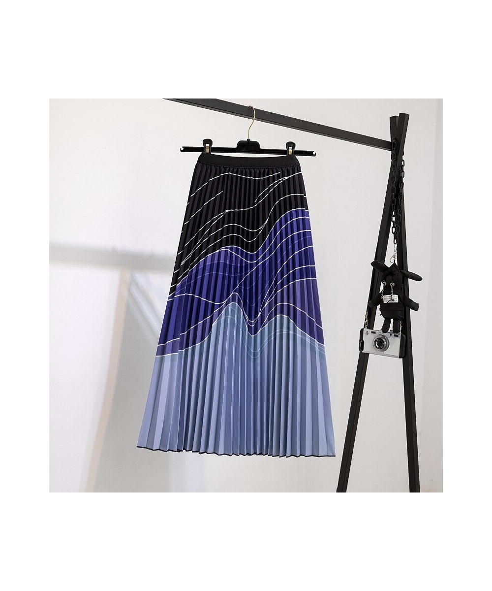 Printed Pleated Skirt Mid Length Pleated Skirt Corrugated Printing Elastic Waist Bohemian Women's Skirts $29.03 - Skirts