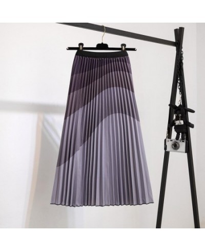 Printed Pleated Skirt Mid Length Pleated Skirt Corrugated Printing Elastic Waist Bohemian Women's Skirts $29.03 - Skirts