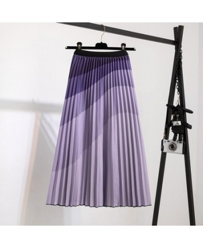 Printed Pleated Skirt Mid Length Pleated Skirt Corrugated Printing Elastic Waist Bohemian Women's Skirts $29.03 - Skirts