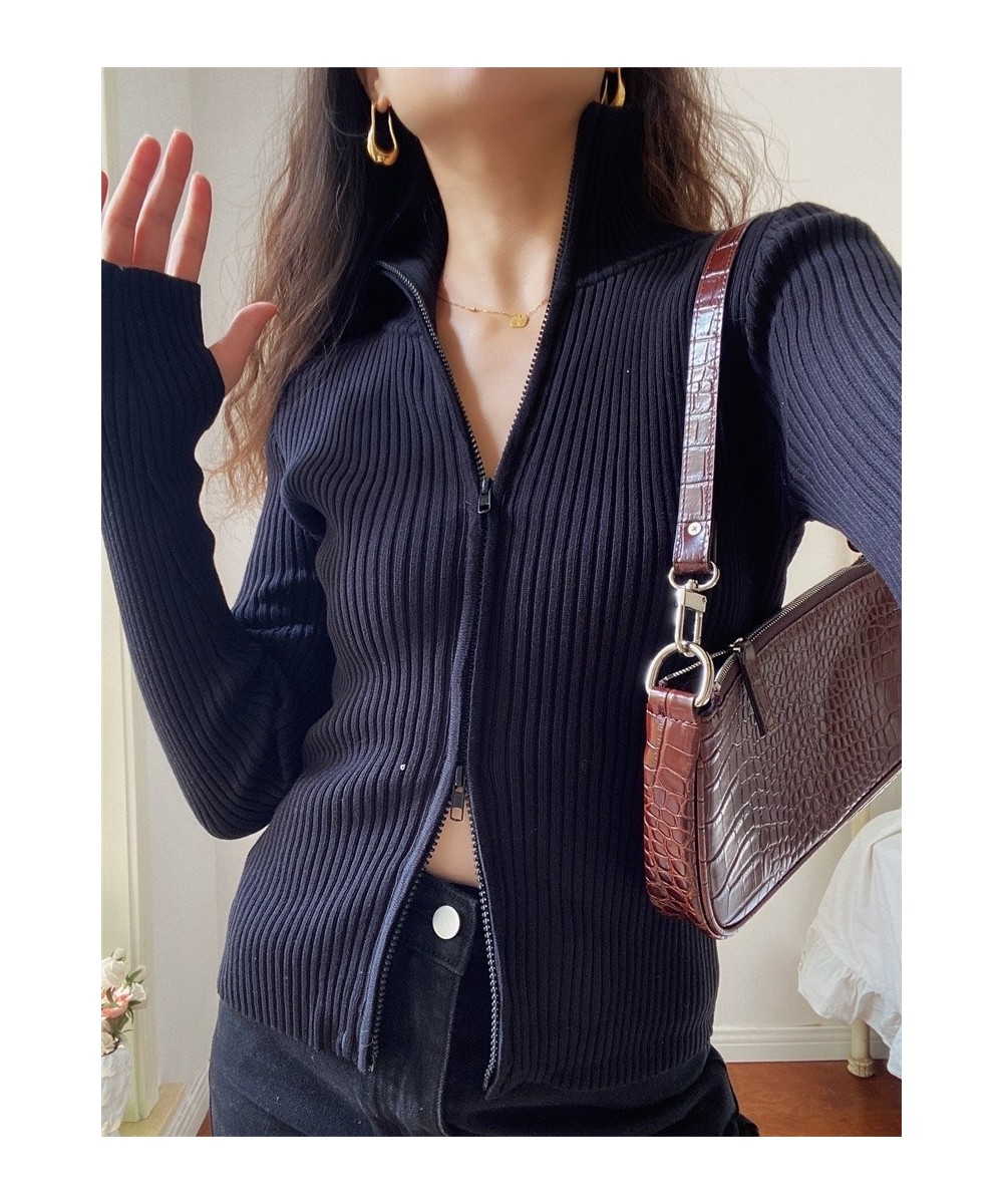 2023 new Spring and winter turn-down collar zippers striped knitting cardigan female sweater tide WY95404 $52.66 - Sweaters