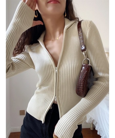 2023 new Spring and winter turn-down collar zippers striped knitting cardigan female sweater tide WY95404 $52.66 - Sweaters