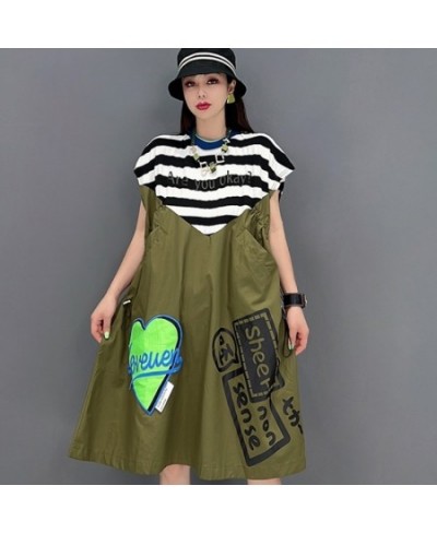 Women Sleeveless Pullover Stripe A-line Dress Loose Fake Two Letter Printing Shirring Dress Green 2023 Summer LHX1176 $73.38 ...