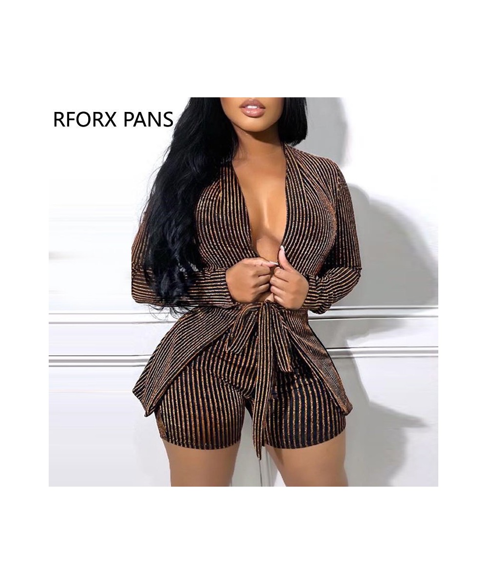 Women Chic Elegant Striped Long Sleeves with Belt Blazer Jacket Working Sexy Short Sets $59.60 - Suits & Sets