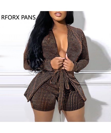 Women Chic Elegant Striped Long Sleeves with Belt Blazer Jacket Working Sexy Short Sets $59.60 - Suits & Sets