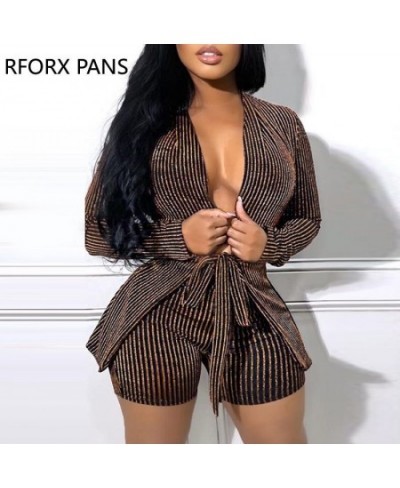 Women Chic Elegant Striped Long Sleeves with Belt Blazer Jacket Working Sexy Short Sets $59.60 - Suits & Sets