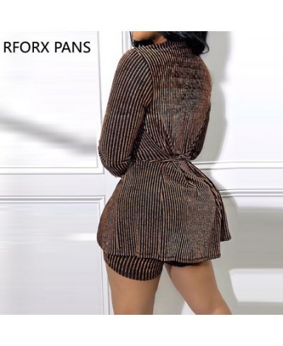 Women Chic Elegant Striped Long Sleeves with Belt Blazer Jacket Working Sexy Short Sets $59.60 - Suits & Sets