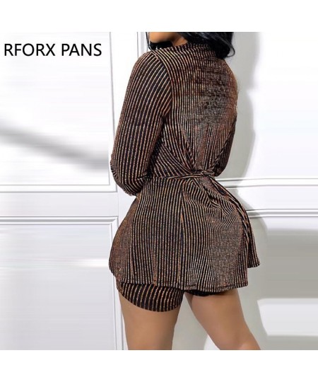 Women Chic Elegant Striped Long Sleeves with Belt Blazer Jacket Working Sexy Short Sets $59.60 - Suits & Sets