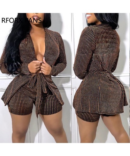 Women Chic Elegant Striped Long Sleeves with Belt Blazer Jacket Working Sexy Short Sets $59.60 - Suits & Sets