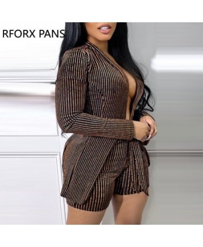 Women Chic Elegant Striped Long Sleeves with Belt Blazer Jacket Working Sexy Short Sets $59.60 - Suits & Sets