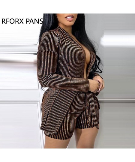 Women Chic Elegant Striped Long Sleeves with Belt Blazer Jacket Working Sexy Short Sets $59.60 - Suits & Sets