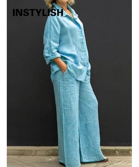 Women Autumn Linen Lapel Shirt Two Pieces Set Vintage Solid Long Sleeve Button Blouse and Loose Straight Pants Casual Suits $...