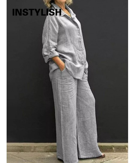 Women Autumn Linen Lapel Shirt Two Pieces Set Vintage Solid Long Sleeve Button Blouse and Loose Straight Pants Casual Suits $...