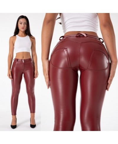 Melody Dressy Womens Compression Leggings for Running Red Pleather Pants Jeans Sexy Pu Trousers Workout Tights $81.08 - Bottoms