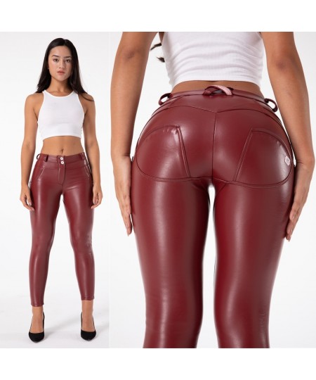 Melody Dressy Womens Compression Leggings for Running Red Pleather Pants Jeans Sexy Pu Trousers Workout Tights $81.08 - Bottoms