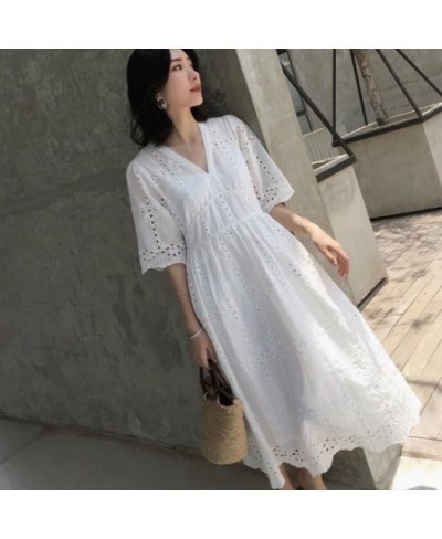 Bohemia Long Dress Women White Chic Maxi Dresses Hollow Out Cotton Dress Short Sleeve Elegant Female Vestidos Maternity Cloth...