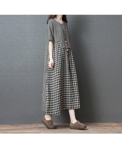 2022 Spring Summer Plaid Dress Women Long Cotton Linen Dress Casual clothes Dresses Korean Vestido Vintage KJ4678 $36.73 - Dr...