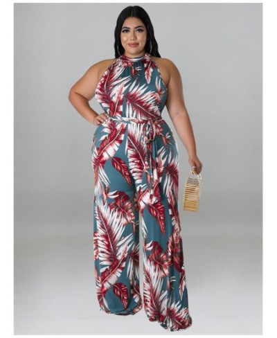 Plus Size Women Jumpsuit with Belt Summer Clothes Printed Sleeveless Wide Leg Office Lady Bodysuit Wholesale $43.13 - Plus Si...