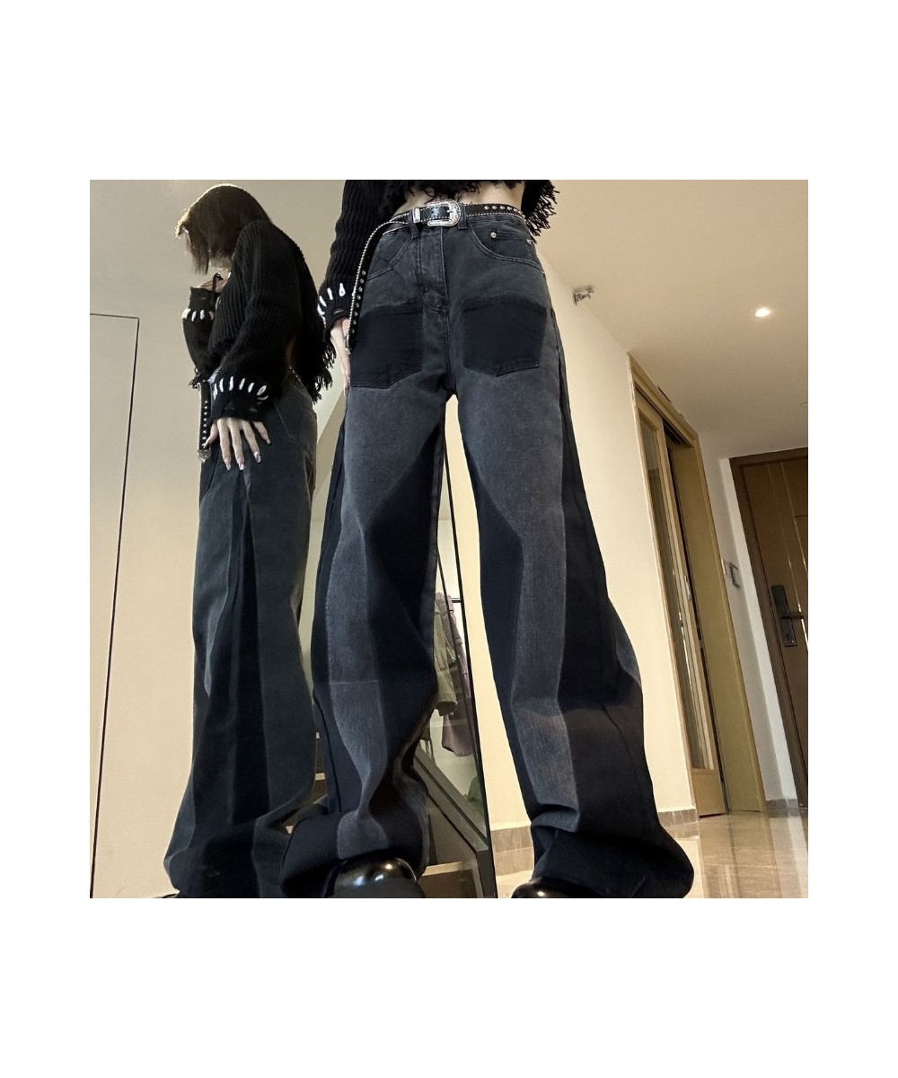 Black & gray design sense colliding color straight jeans womens autumn/winter high waist slimming loose wide leg mopping pant...