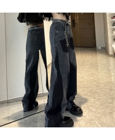 Black & gray design sense colliding color straight jeans womens autumn/winter high waist slimming loose wide leg mopping pant...