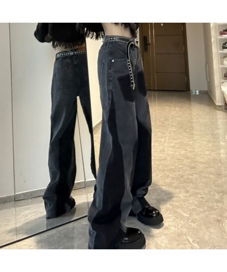 Black & gray design sense colliding color straight jeans womens autumn/winter high waist slimming loose wide leg mopping pant...