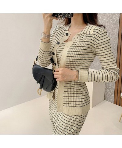 Korean Knitting 3 Pieces Set Women Knitted Sling + Cardigan And Pencil Skirts Casual Simple Office Lady Skirt Suit $63.50 - S...