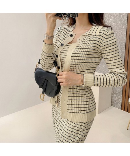 Korean Knitting 3 Pieces Set Women Knitted Sling + Cardigan And Pencil Skirts Casual Simple Office Lady Skirt Suit $63.50 - S...