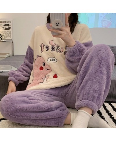 Autumn Winter New Warm Flannel Women's Pajamas Set Long-sleeved Trousers Two-piece Set Cute Soft Home Wear Clothes for Women ...