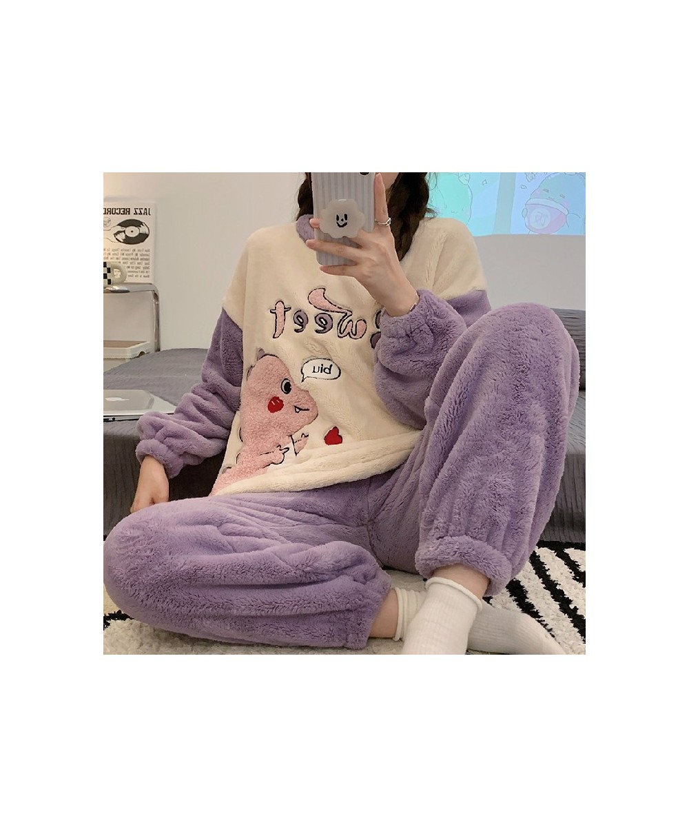 Autumn Winter New Warm Flannel Women's Pajamas Set Long-sleeved Trousers Two-piece Set Cute Soft Home Wear Clothes for Women ...