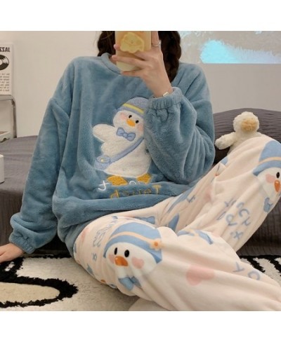 Autumn Winter New Warm Flannel Women's Pajamas Set Long-sleeved Trousers Two-piece Set Cute Soft Home Wear Clothes for Women ...