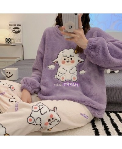 Autumn Winter New Warm Flannel Women's Pajamas Set Long-sleeved Trousers Two-piece Set Cute Soft Home Wear Clothes for Women ...