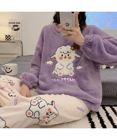 Autumn Winter New Warm Flannel Women's Pajamas Set Long-sleeved Trousers Two-piece Set Cute Soft Home Wear Clothes for Women ...