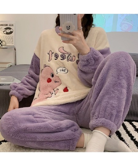 Autumn Winter New Warm Flannel Women's Pajamas Set Long-sleeved Trousers Two-piece Set Cute Soft Home Wear Clothes for Women ...