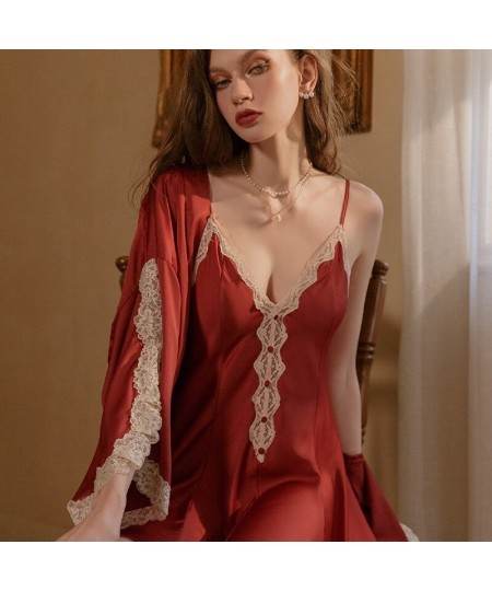 High Quality Women's Satin Sleepwear Female Silk Nightgown Sexy Lace V-Neck Sling Nightdress Women Solid Color Soft Home Dres...