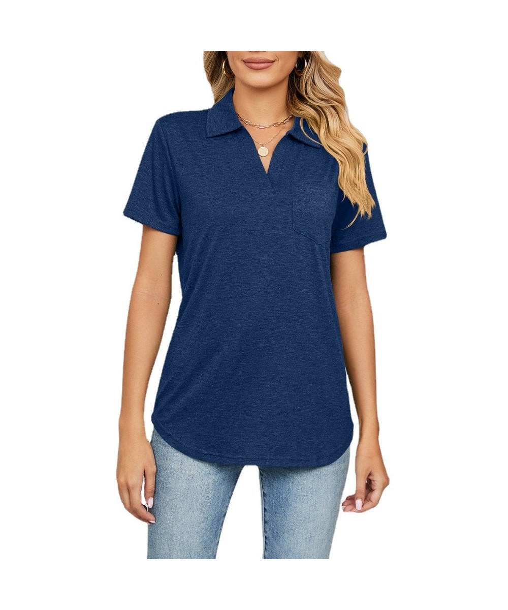 Women Short Sleeve Lapel Neck Solid T Shirt Tops $32.73 - Women Tops