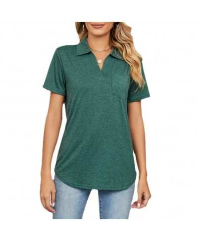 Women Short Sleeve Lapel Neck Solid T Shirt Tops $32.73 - Women Tops