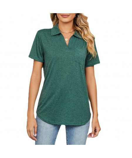 Women Short Sleeve Lapel Neck Solid T Shirt Tops $32.73 - Women Tops