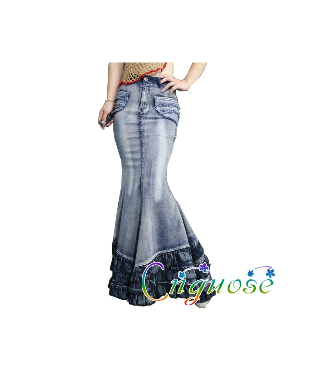 2023 Female Bohemia Vintage Style Slim Sexy Saia High Hip Mopping the floor Ruffle Ladies Mermaid Denim Jeans Skirts Womens $...