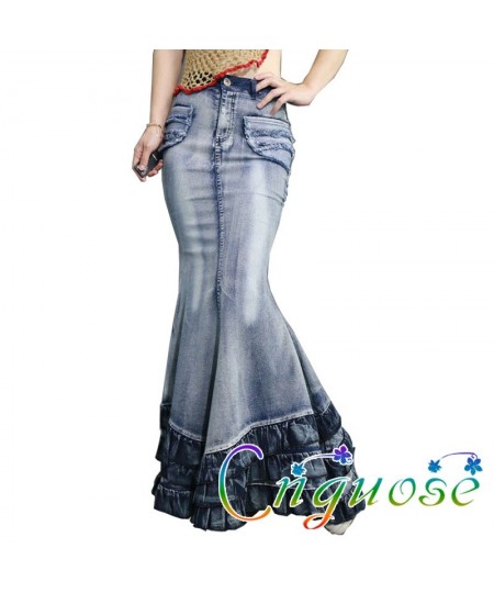 2023 Female Bohemia Vintage Style Slim Sexy Saia High Hip Mopping the floor Ruffle Ladies Mermaid Denim Jeans Skirts Womens $...